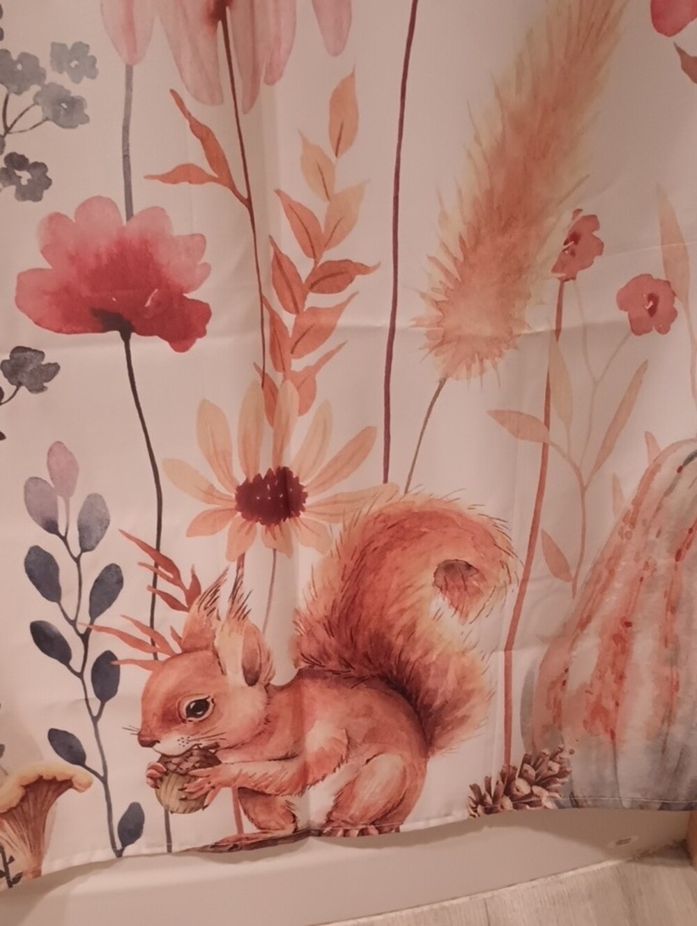 Floral Autumn Shower Curtain W Squirrel, Hedgehog & Pumpkin Design - Fall Colors - Picture 3 of 5